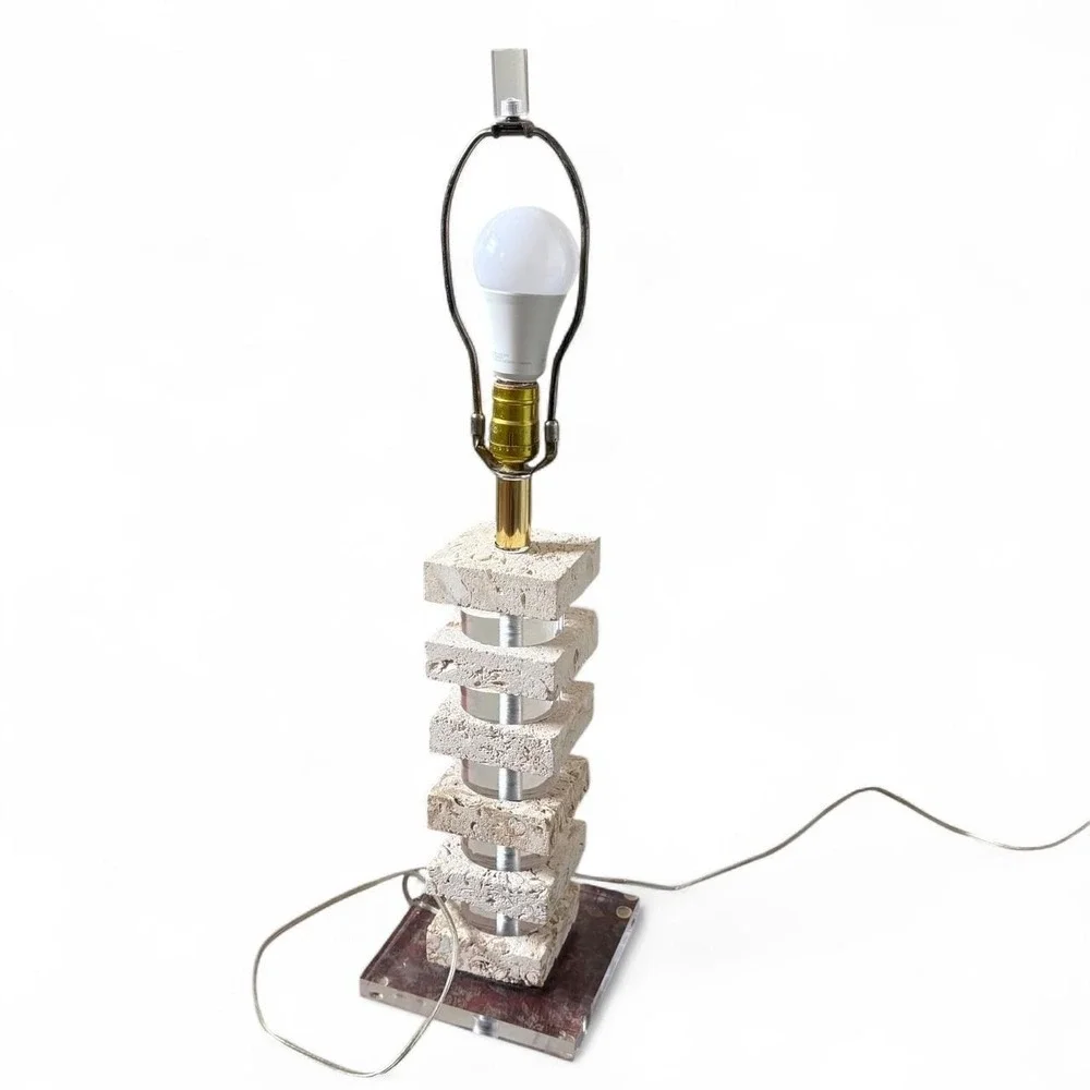 Vintage MCM Art Deco Lucite & Coral Stone Stacked Table Lamp Beautiful